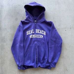 Hill Seal Beach California Zip Hoodie Mens Large Purple Vintage Made USA 0513